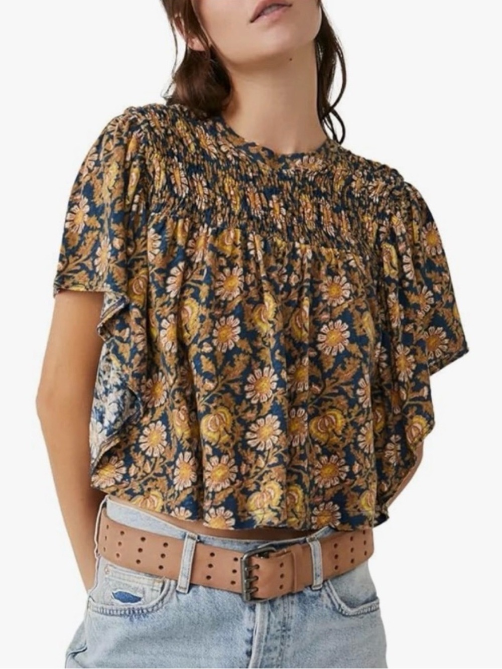 Free People Cropped Linen/Cotton Floral Red Knit Smocked Top, Size S